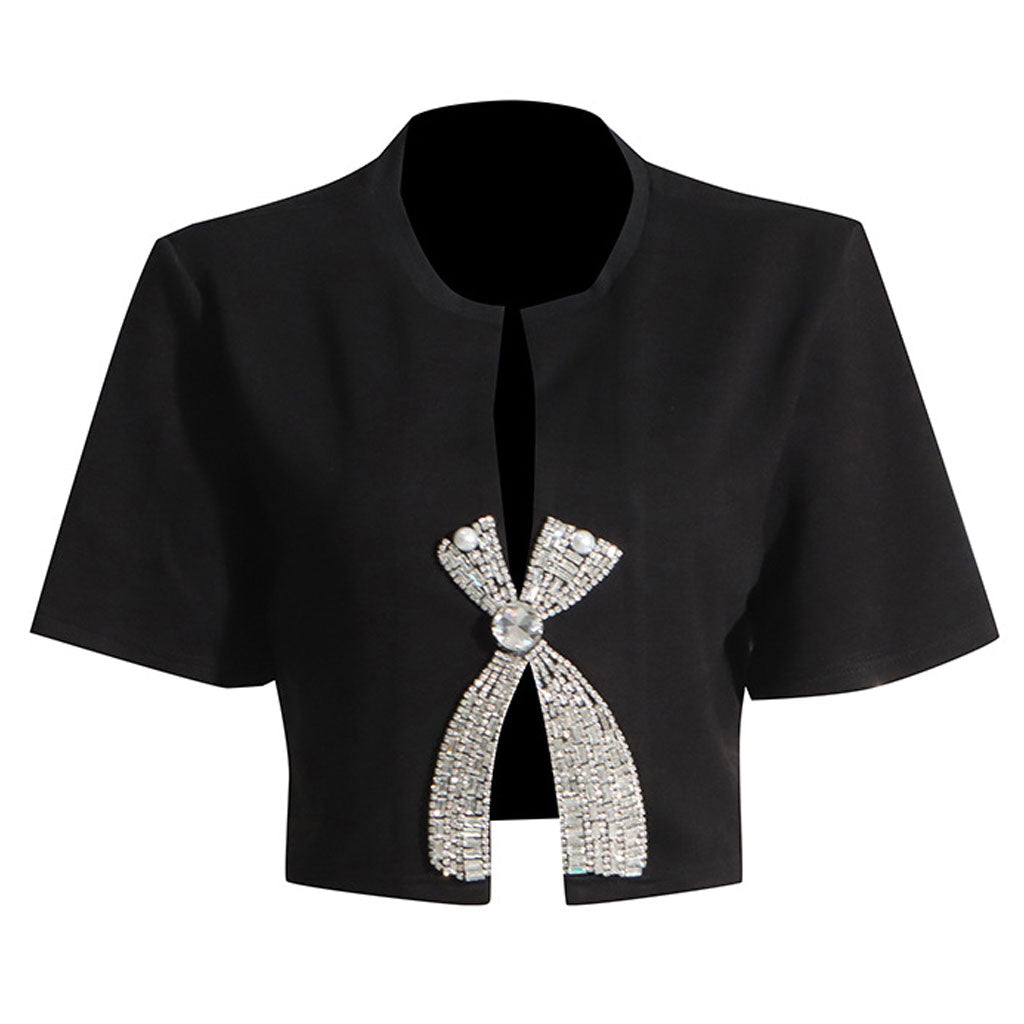 Rhinestone Bow Split Short Sleeve Notched V Neck Crop Top