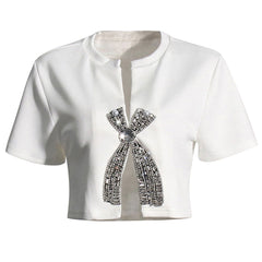 Rhinestone Bow Split Short Sleeve Notched V Neck Crop Top