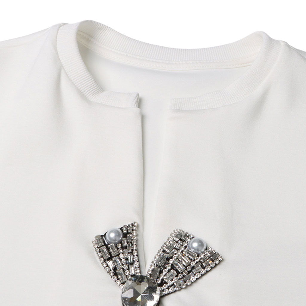 Rhinestone Bow Split Short Sleeve Notched V Neck Crop Top