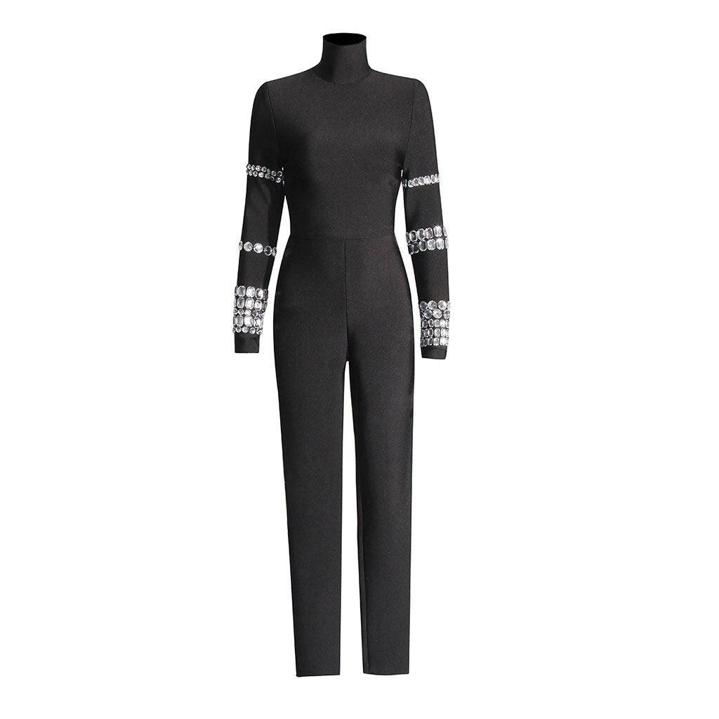 Bodycon-Bandage-Jumpsuit mit Strasssteinen, hohem Halsausschnitt und langen Ärmeln