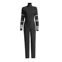 Bodycon-Bandage-Jumpsuit mit Strasssteinen, hohem Halsausschnitt und langen Ärmeln