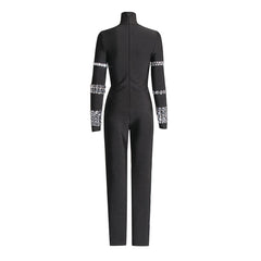 Rhinestone High Neck Long Sleeve Bodycon Bandage Jumpsuit