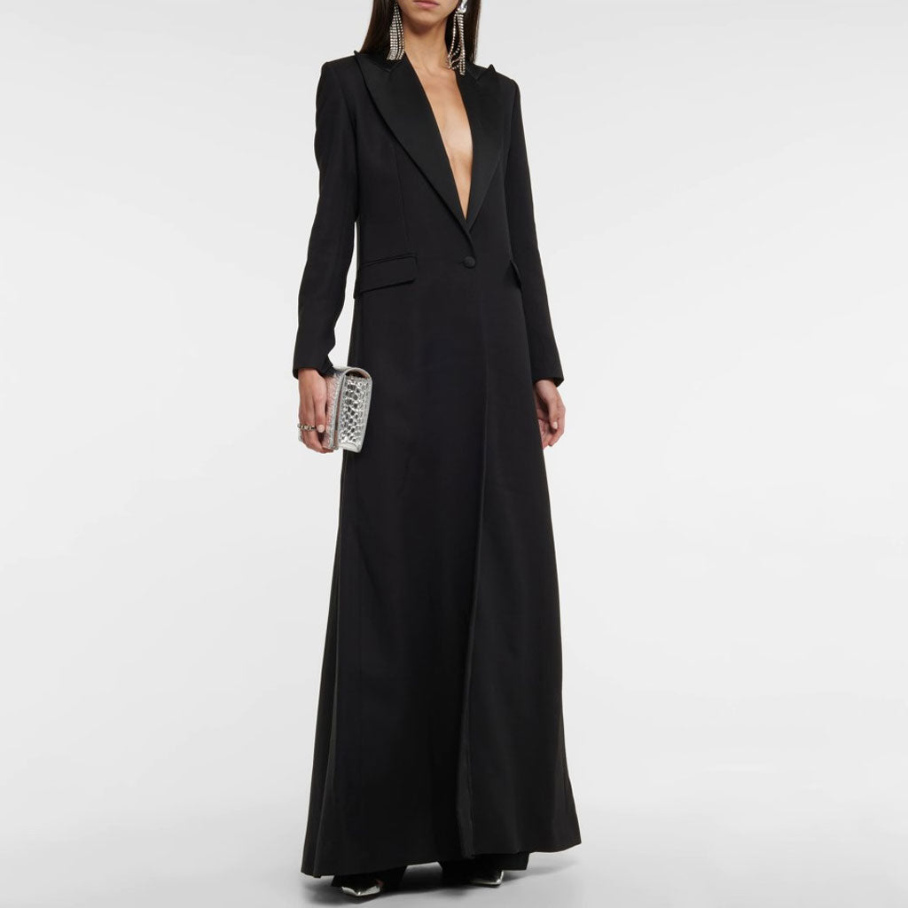 Sheen Satin Peak Lapel Long Sleeve Single Breasted Long Tailored Coat