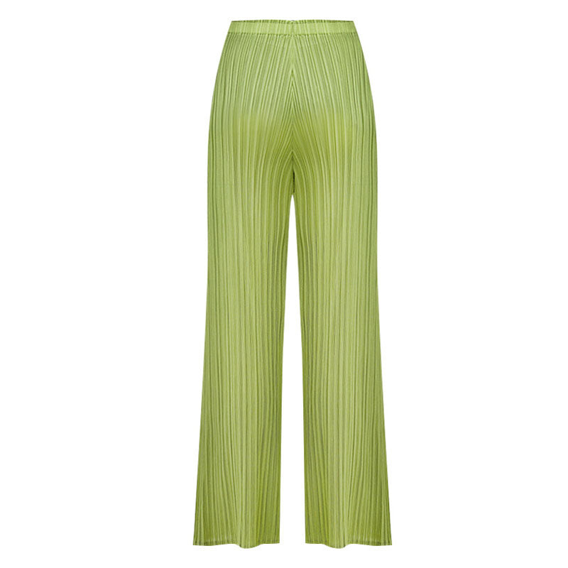 Solid Color High Waist  Ankle Length Straight Leg Pleated Pants