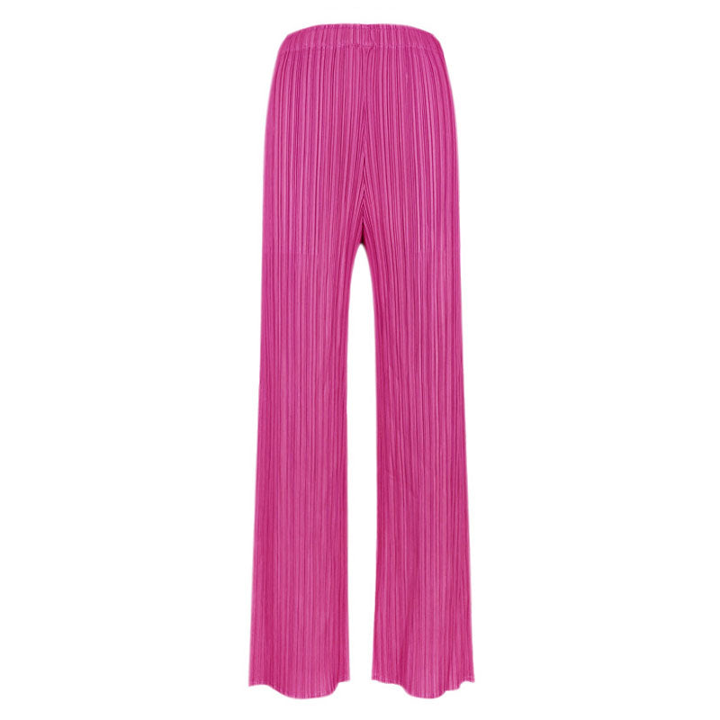 Solid Color High Waist  Ankle Length Straight Leg Pleated Pants