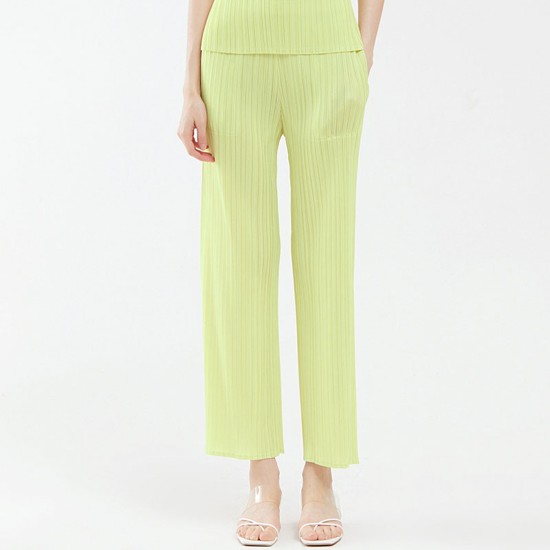 Solid Color High Waist  Ankle Length Straight Leg Pleated Pants