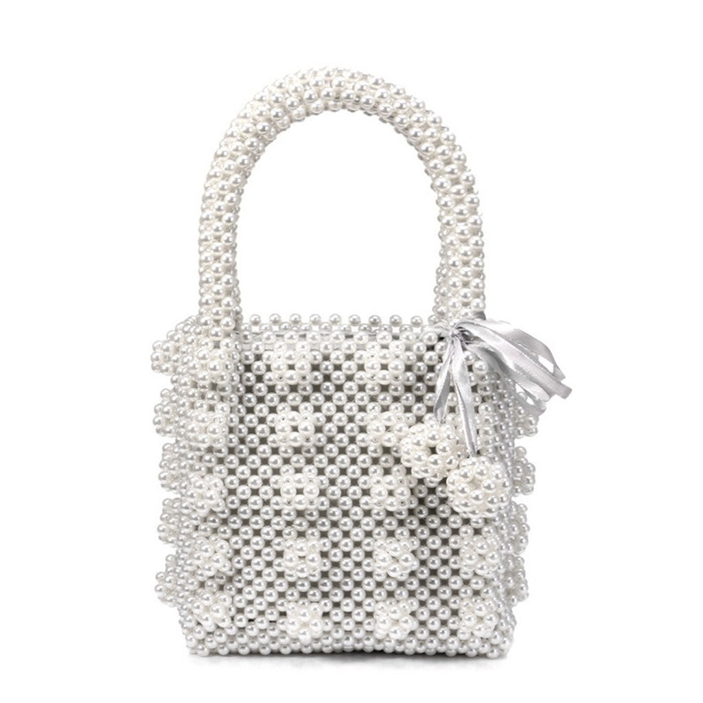 Bolso de mano tipo cubo con asa superior cuadrada y perlas en racimo - Blanco