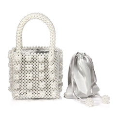 Square Top Handle Cluster Pearl Bucket Clutch Bag - White