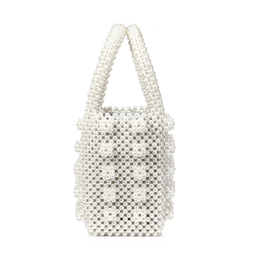 Square Top Handle Cluster Pearl Bucket Clutch Bag - White