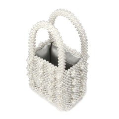 Bolso de mano tipo cubo con asa superior cuadrada y perlas en racimo - Blanco