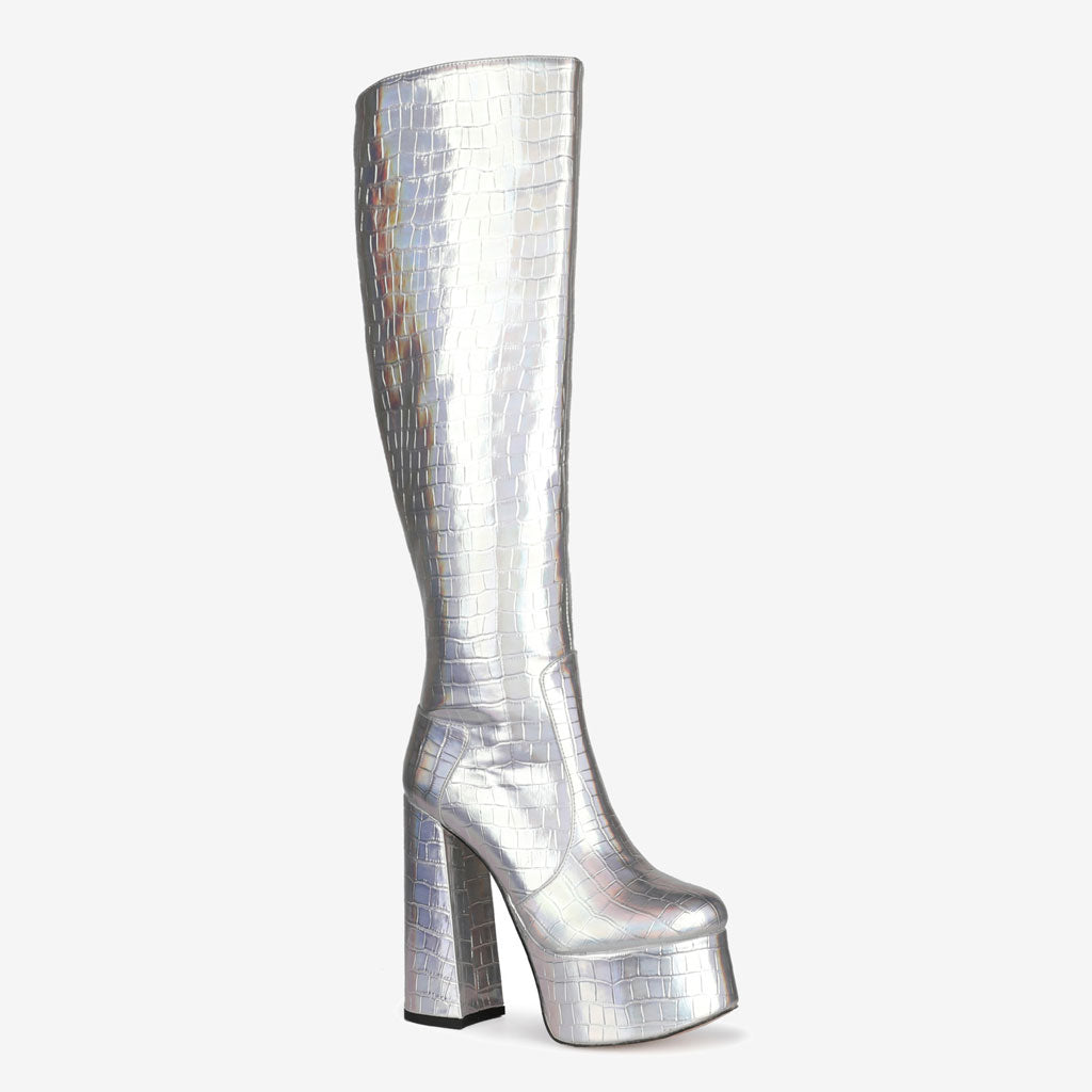 Metallic Croc Effect Knee High Platform Block Heel Boots - Silver