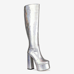 Kniehohe Plateaustiefel mit Blockabsatz in Metallic-Krokodil-Optik - Silber