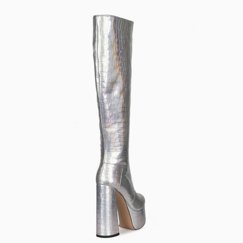 Kniehohe Plateaustiefel mit Blockabsatz in Metallic-Krokodil-Optik - Silber