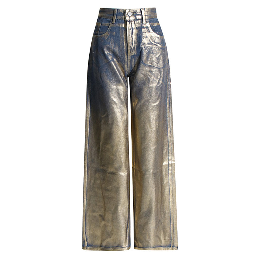 Baggy-Boyfriendjeans mit hoher Taille und weitem Bein und Metallic-Folie-Ombré-Muster