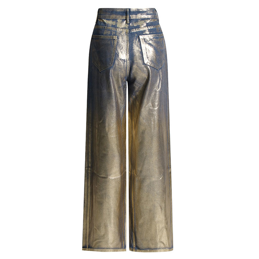 Metallic Foil Ombre High Waist Pocket Wide Leg Baggy Boyfriend Jeans