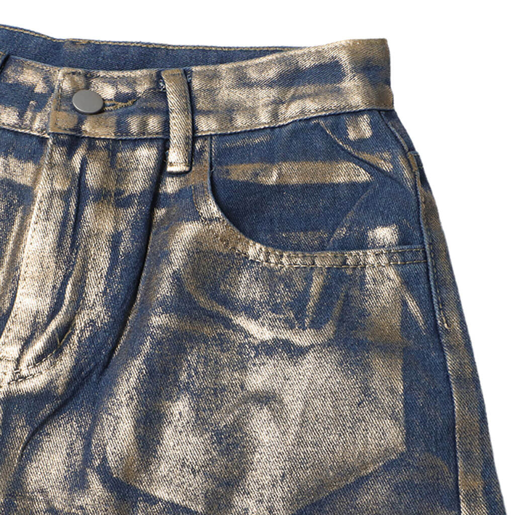 Baggy-Boyfriendjeans mit hoher Taille und weitem Bein und Metallic-Folie-Ombré-Muster