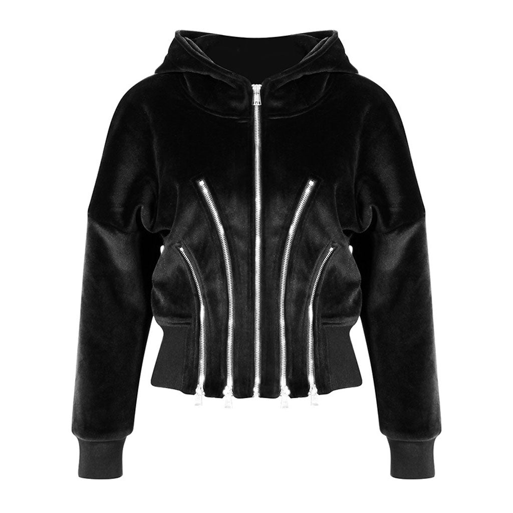 Metallic Multiple Zip Detail Long Sleeve Banded Crop Velvet Hoodie