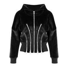 Metallic Multiple Zip Detail Long Sleeve Banded Crop Velvet Hoodie
