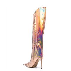 Metallic Pointed Toe Patent Leather Knee High Stiletto Boots - Champagne