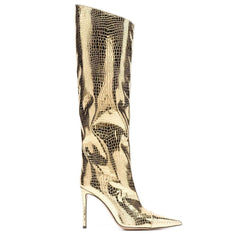 Kniehohe Stiletto-Stiefel mit spitzer Zehenpartie und metallischem Schlangeneffekt - Gold