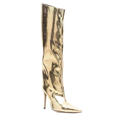 Kniehohe Stiletto-Stiefel mit spitzer Zehenpartie und metallischem Schlangeneffekt - Gold