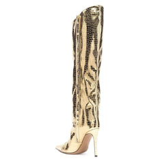 Kniehohe Stiletto-Stiefel mit spitzer Zehenpartie und metallischem Schlangeneffekt - Gold