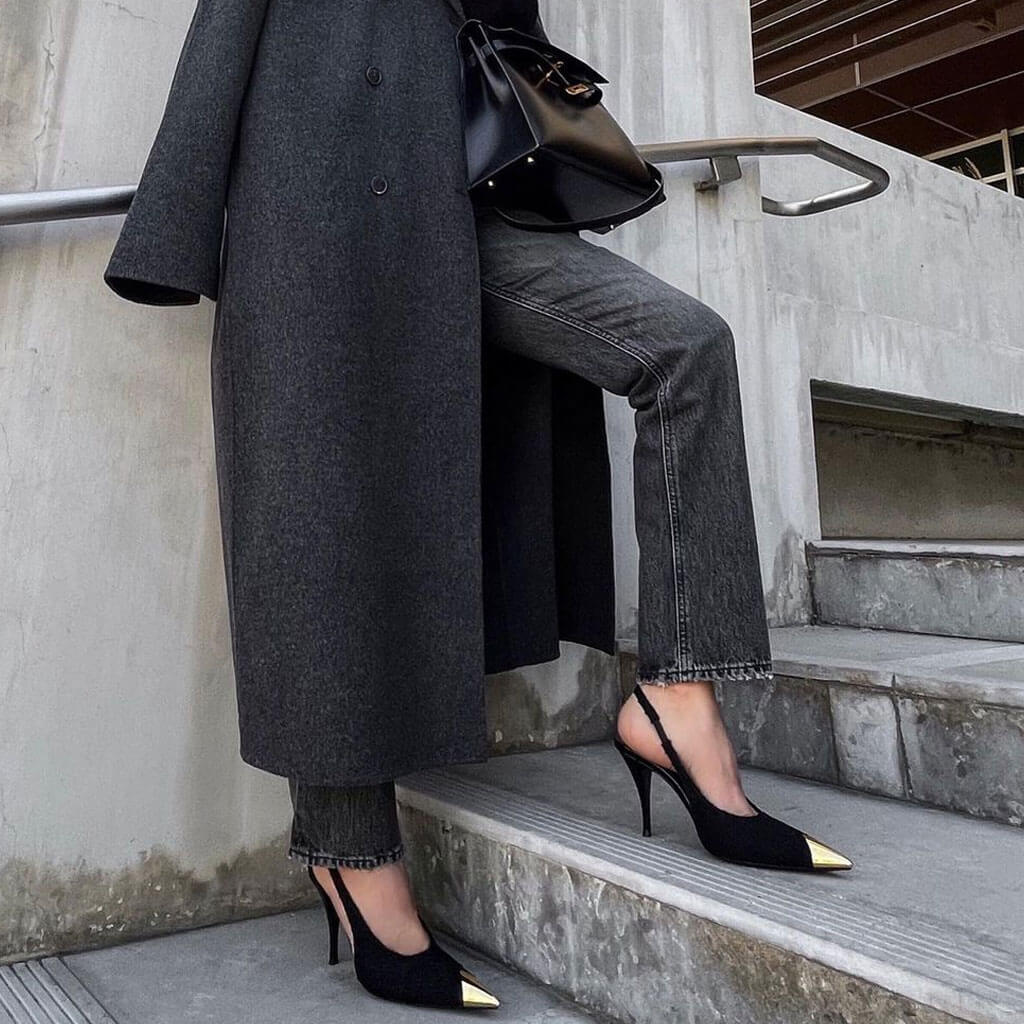 Zapatos de salón de tweed con tacón de aguja y punta puntiaguda y puntera metálica - Negro