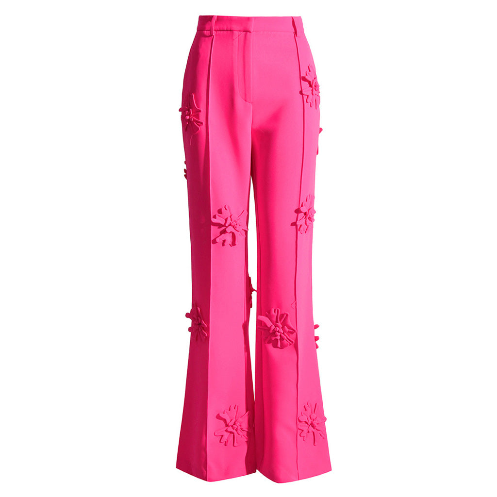 Pantalones de crepé de tiro alto y pierna recta con apliques florales modernos