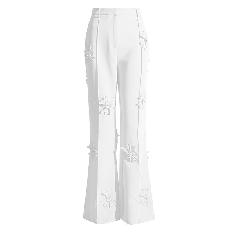 Pantalones de crepé de tiro alto y pierna recta con apliques florales modernos