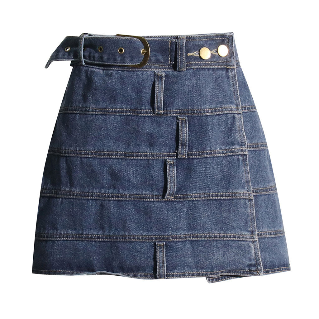 Moderner Patchwork-Mini-Jeansrock in A-Linie mit hoher Taille und Schnallengürtel