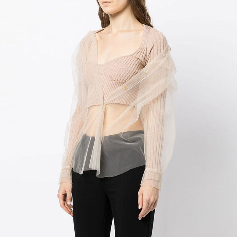 Modern Sheer Layered Sweetheart Neck Long Sleeve Ribbed Knit Crop Top