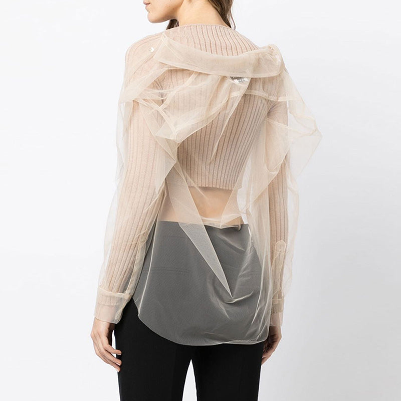 Modern Sheer Layered Sweetheart Neck Long Sleeve Ribbed Knit Crop Top