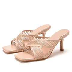 Moderne, solide Crisscross Mesh Net Stiletto Pantoletten - Aprikose