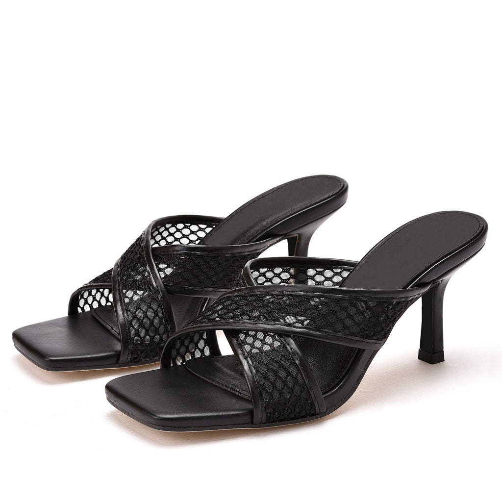 Modern Solid Crisscross Mesh Net Stiletto Mules - Black