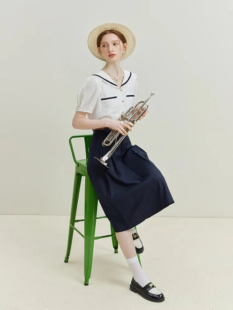 Marineblaues französisches Kurzarmhemd mit Kragen für Damen