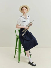 Marineblaues französisches Kurzarmhemd mit Kragen für Damen