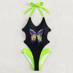 Traje de baño brasileño de una pieza con escote bajo y diseño de mariposa verde neón