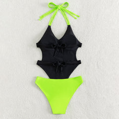 Neongrüner brasilianischer Monokini-Badeanzug mit Schmetterlingsausschnitt und tiefem Rückenausschnitt