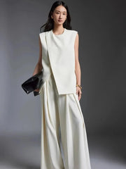 Off-white Suit Vest Wide Leg Pants Set for Women's Summer | Elegant Two-Piece Set