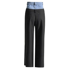 Offbeat Contrast Distressed Denim Hybrid Double Waistband Straight Leg Pants