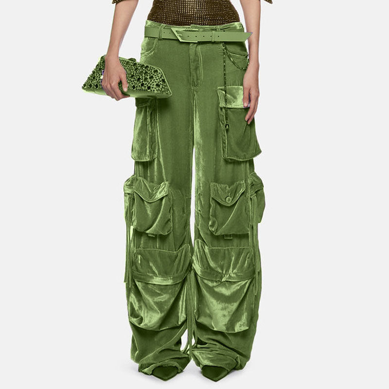 Offbeat Cargohose aus poliertem Samt mit niedriger Taille und mehreren Taschen und weitem Bein