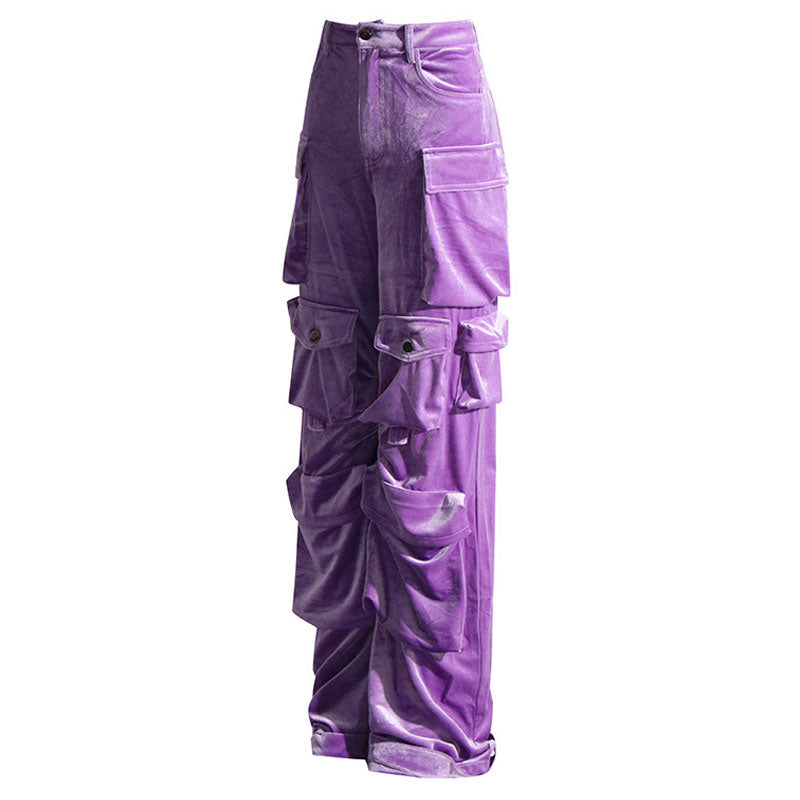 Offbeat Cargohose aus poliertem Samt mit niedriger Taille und mehreren Taschen und weitem Bein