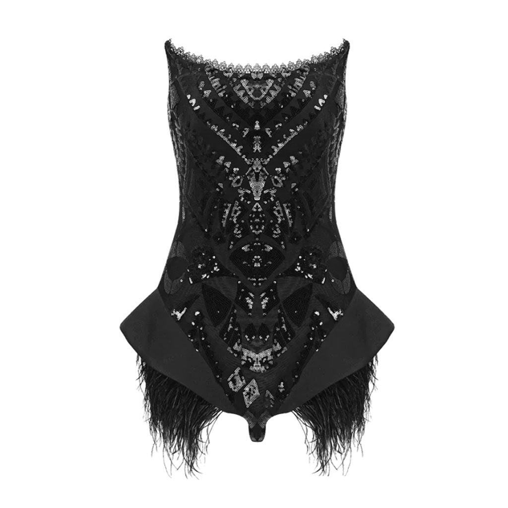 Old Hollywood Party Tube Bodysuit mit U-Ausschnitt, Rüschen, Kunstfedern, Pailletten und Spitze