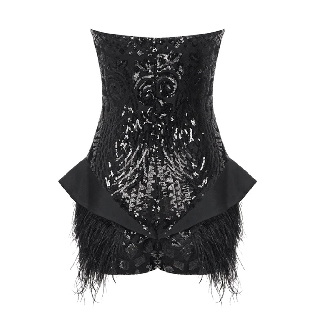 Old Hollywood Party Tube Bodysuit mit U-Ausschnitt, Rüschen, Kunstfedern, Pailletten und Spitze