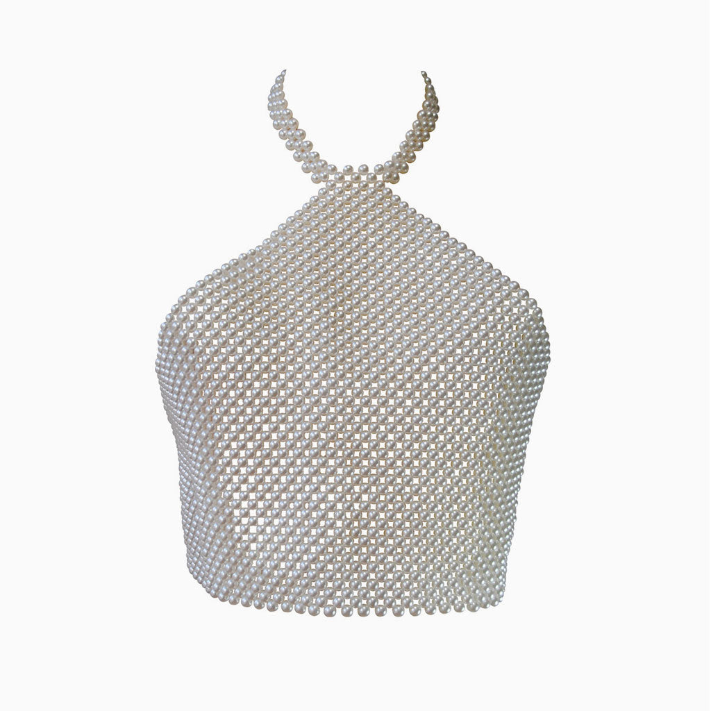 Opulent Cropped Handcrafted Imitation Pearl Body Chain Halter Top