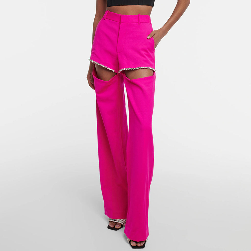 Opulent Crystal Embellished Cutout High Waist Straight Leg Suit Pants