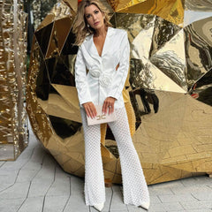 Opulente transparente Hose mit Kunstperlen und Rosetten-Satin-Ausschnitten, Blazer und passendem Set