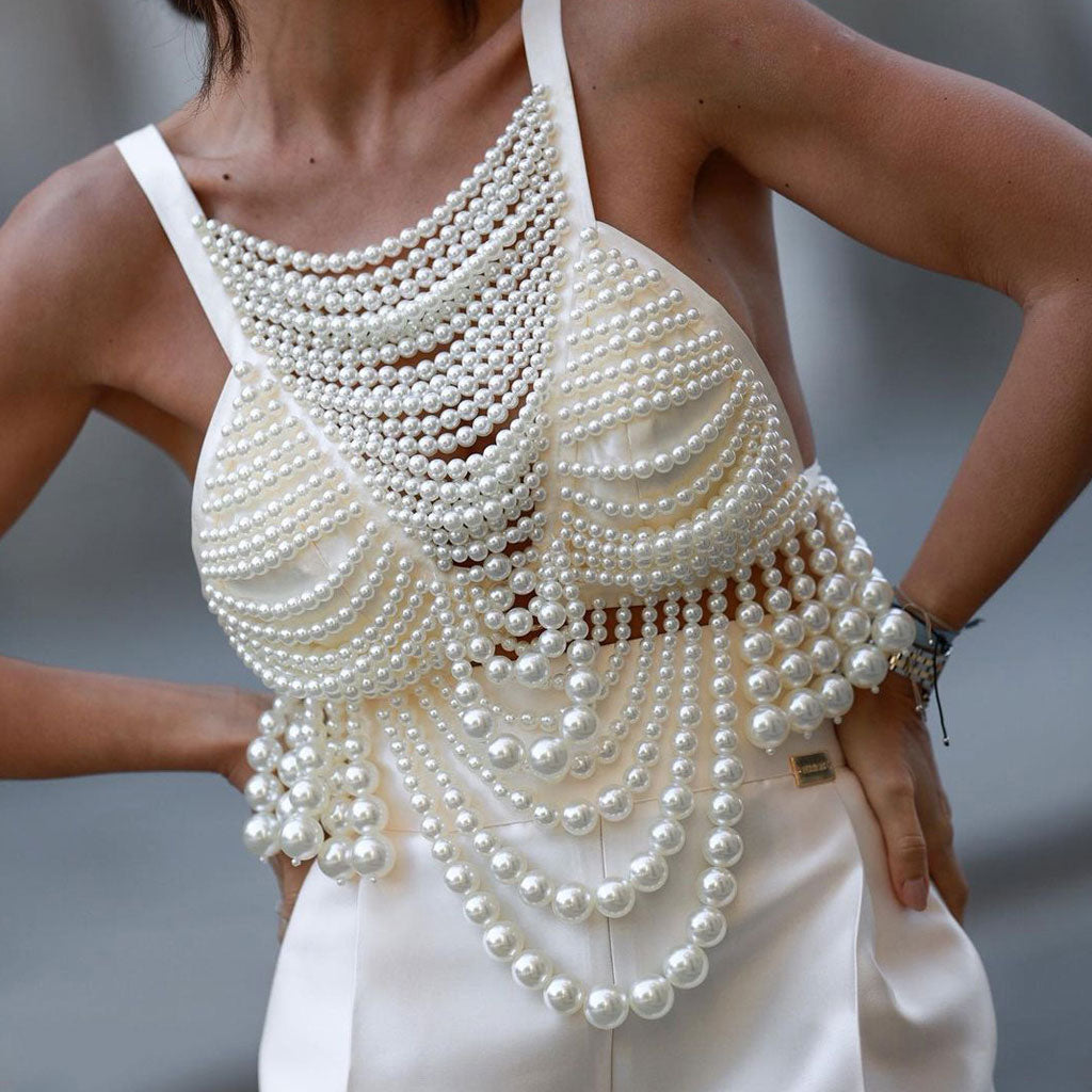 Opulent Imitation Pearl Beaded Suspender Strap Backless Crop Tank Top