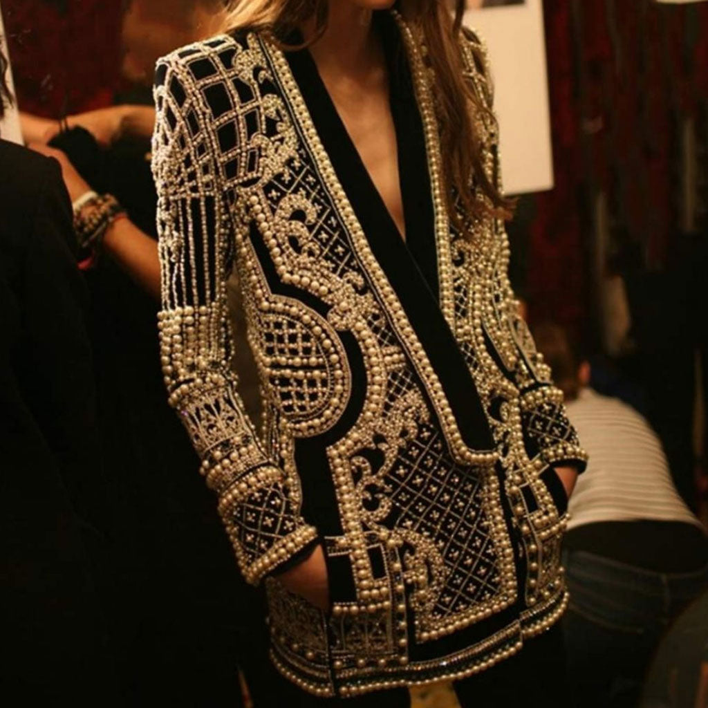 Opulent Pearl Beaded Single Breasted V Neck Collarless Long Blazer- Gold