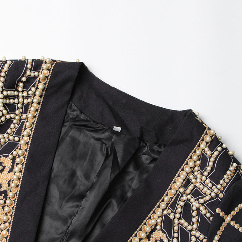 Opulent Pearl Beaded Single Breasted V Neck Collarless Long Blazer- Gold